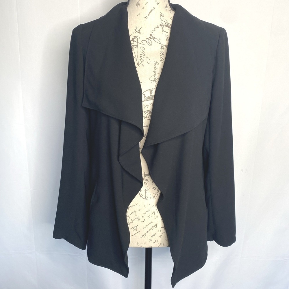 Buckley Tailors Black Draped Waterfall Open Front Blazer Jacket Size 6 Workwear
